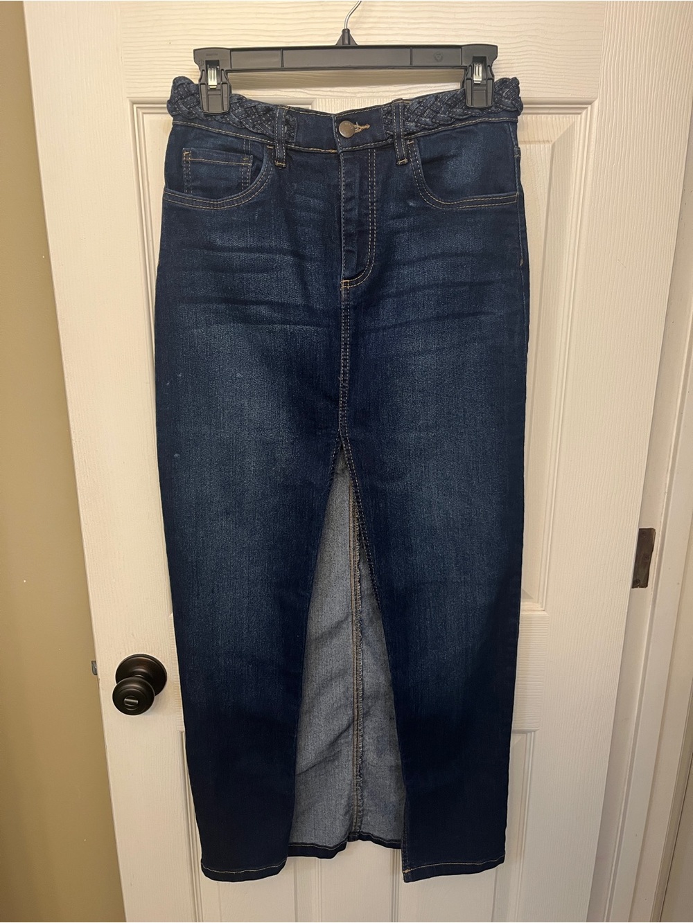 Venus Dark Denim Maxi Skirt with Front Slit and braided style mock belt. Size 4